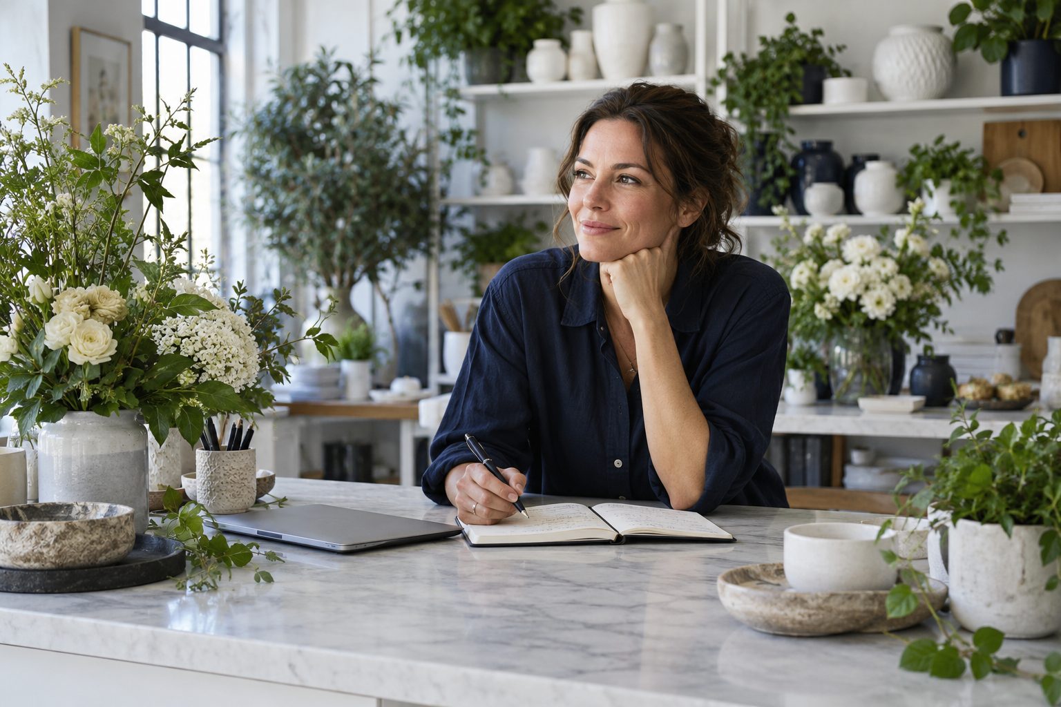 Small-business owner planning in a floral studio