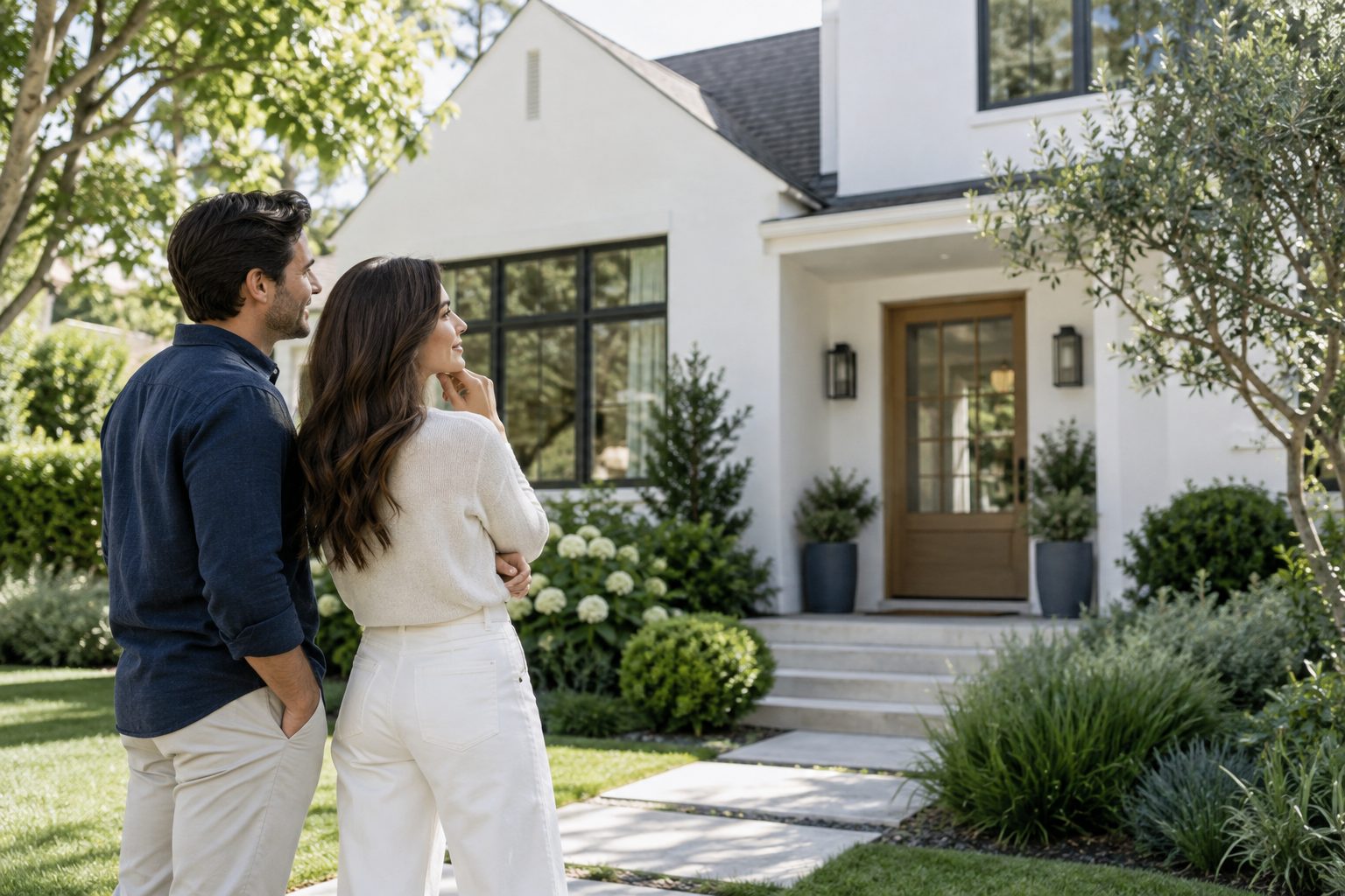 Couple looking toward a home while discussing their plans