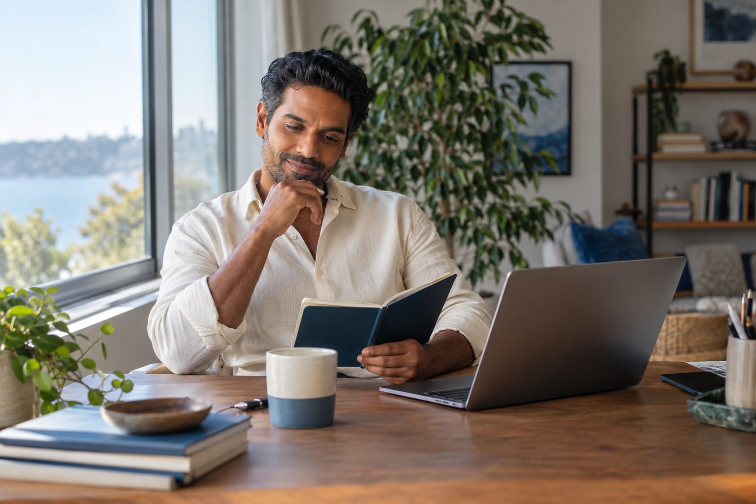 Person reading a notebook at a home desk