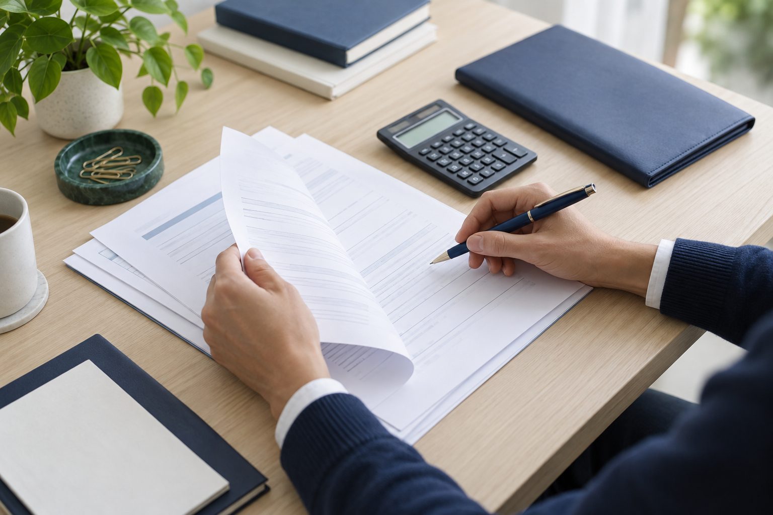 Hands organizing financial paperwork with a pen and calculator