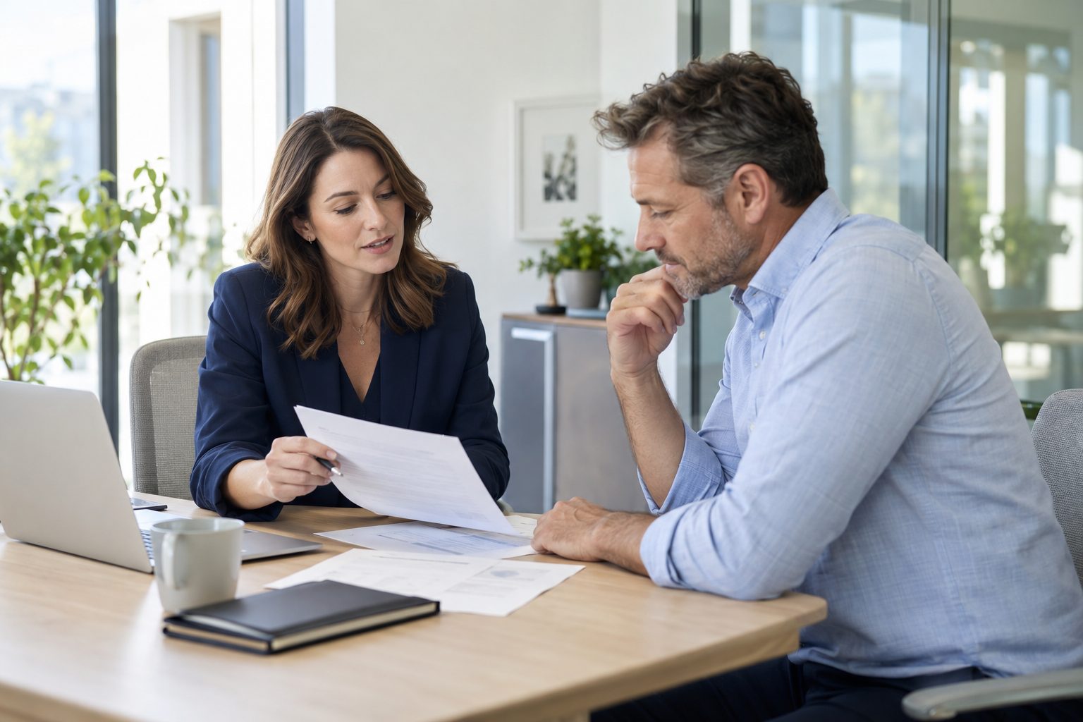 Two people reviewing paperwork together at a desk